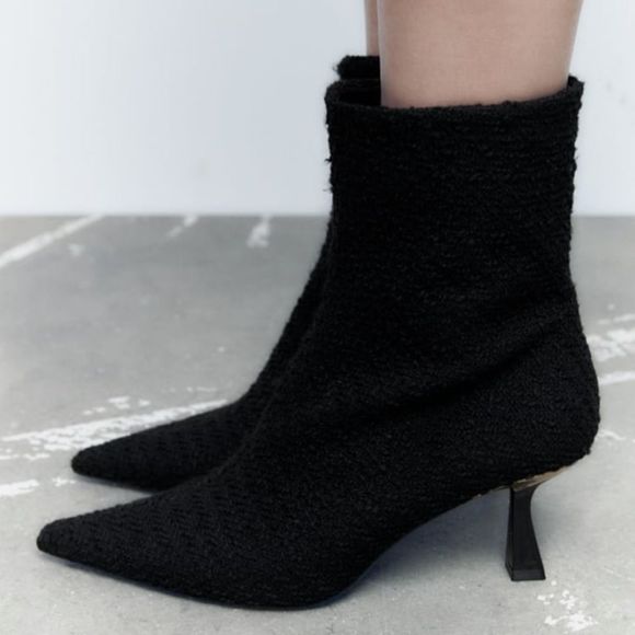 Zara Black Fabric Heeled Pointed Toe Ankle Boots - Picture 6 of 9
